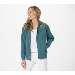 The Muses Closet Beaded Zip Front Sweatshirt Hood Women's Top Sz XS Eucalyptus